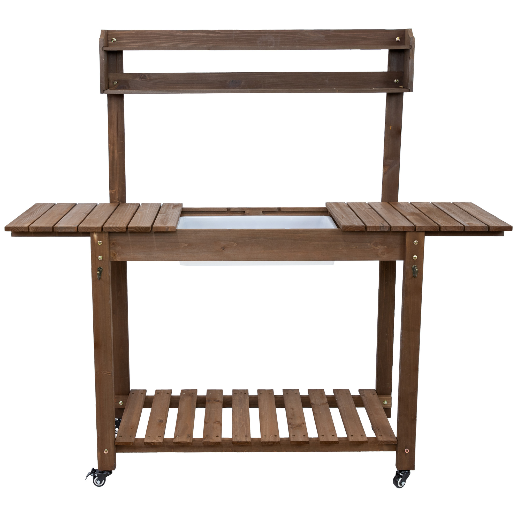 Sunnydaze Decor Wooden Garden Potting Bench — Wheeled, Dry Sink, Storage Shelves, Tool Hooks, Brown, Model# IEO-2361